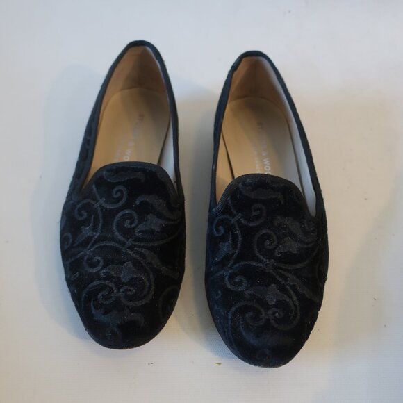 Womens Stubbs & Wootton Palm Beach Black Velvet Scroll Embroidered Flat Shoe 6.5 - Picture 1 of 12
